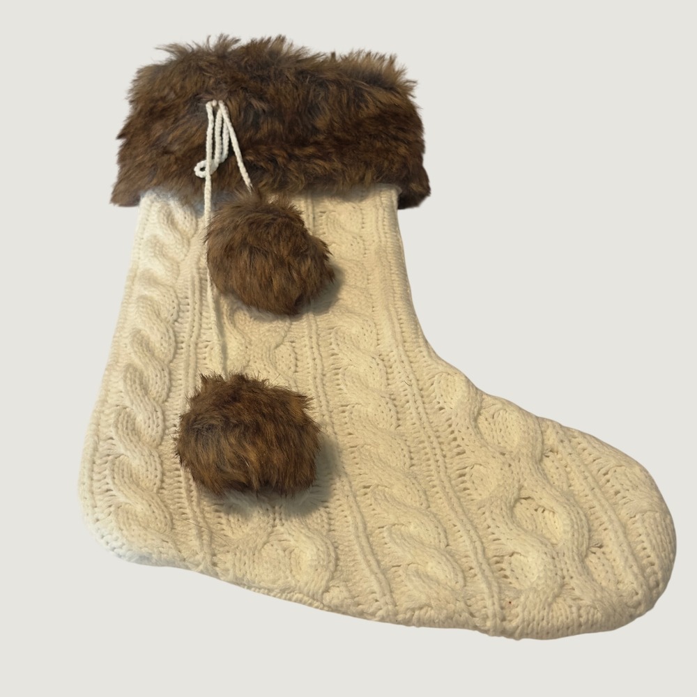 Cream Cable Knit Christmas Stocking Brown Faux Fur Trim Pom Poms Rustic Holiday